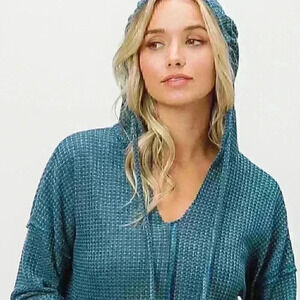 Dark‎ Teal V-Neck Waffle Knit Hoodie Top